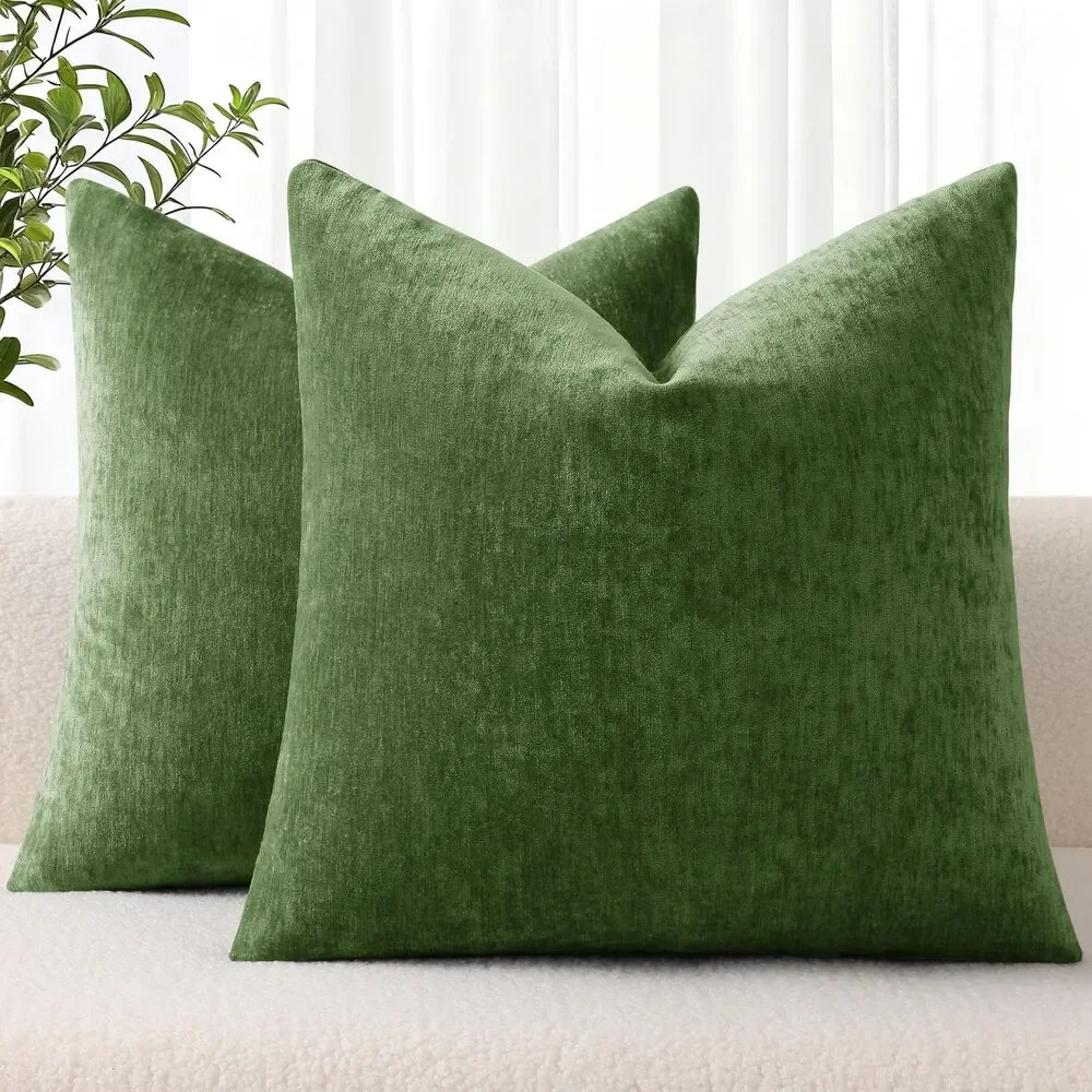 Set of 2, 18x18 Inch, Chenille Throw Pillow Covers (Moss Green)